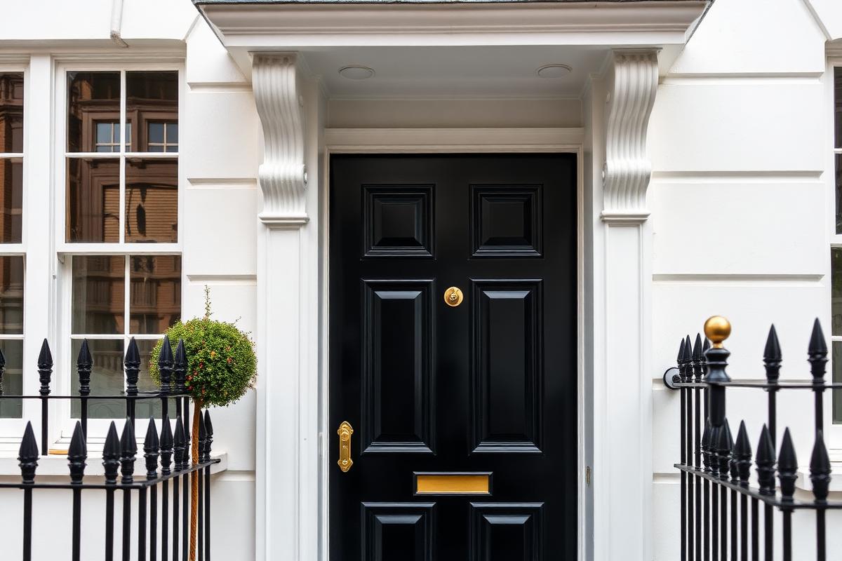Black front door with brass fittings on a white stucco townhouse